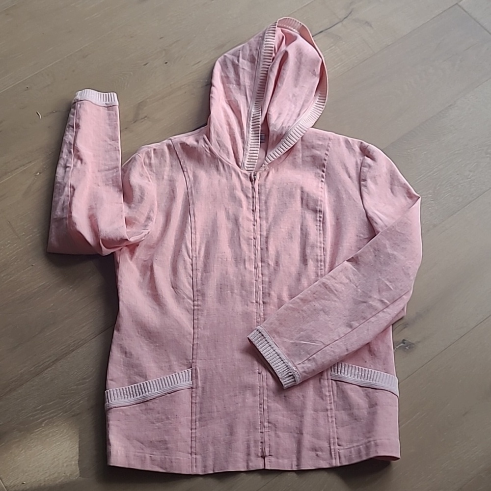 EUC St John Sport Pink Linen Blend Full Zip Hooded Jacket Women's sz Large